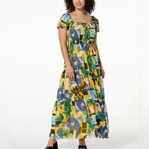 Kathy Ireland Smocked On Or Off The Shoulder Tiered Tropical Boho Maxi Dress L